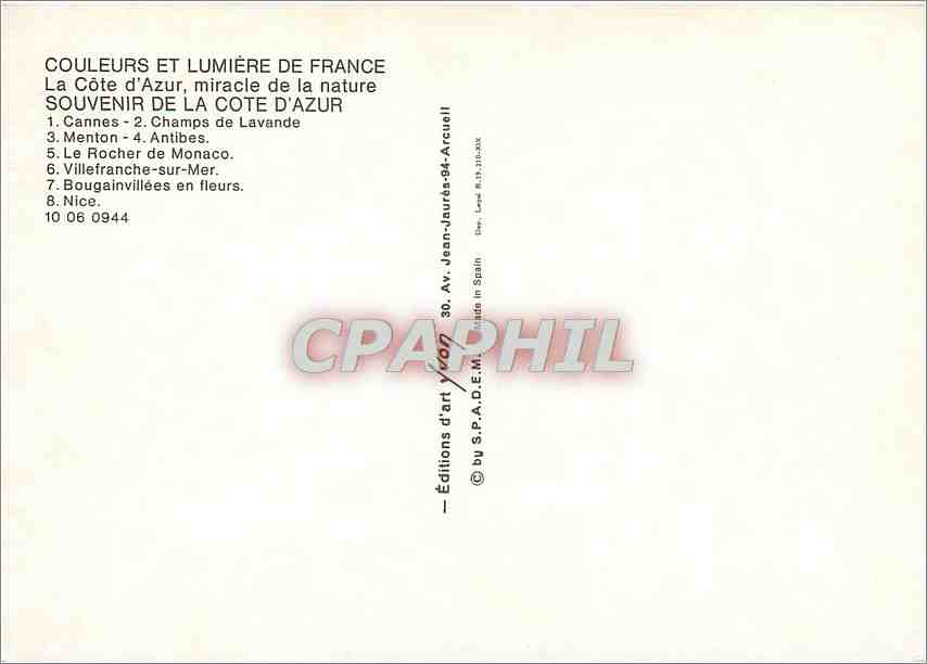 CPM Souvenir de la Cote d'Azur Cannes Champs de Lavande Menton Antibes  — Verso