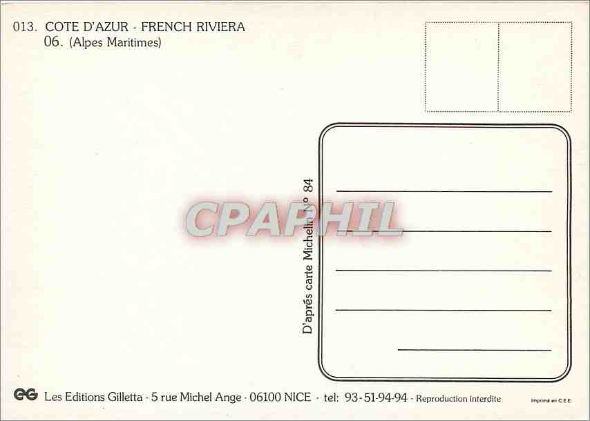 CPM Cote d'Azur French Riviera Alpes Maritimes  — Verso