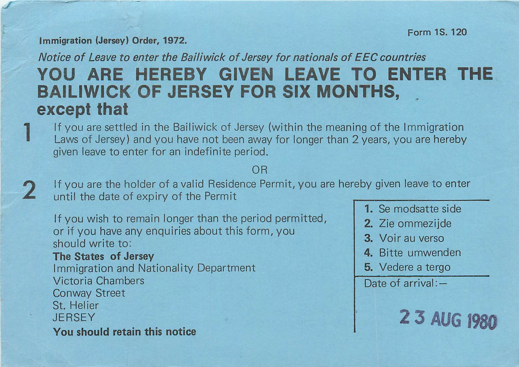 CPM Immigration Jersey Notice of Leave to enter the Bailiwick of Jersey of EEC countries 