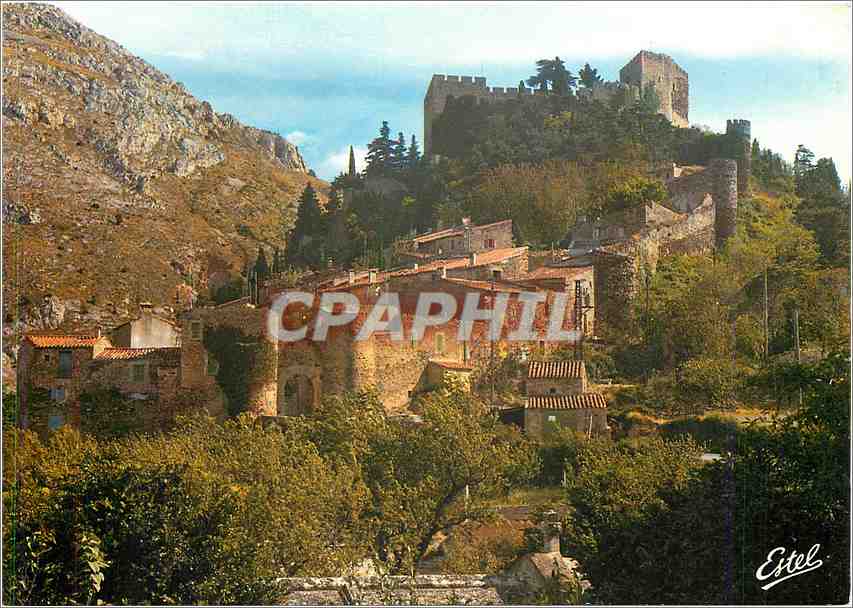 CPM Castelnou Pyrenees Orientales Le village dans son enceinte fortifee domine par le chateau feodal