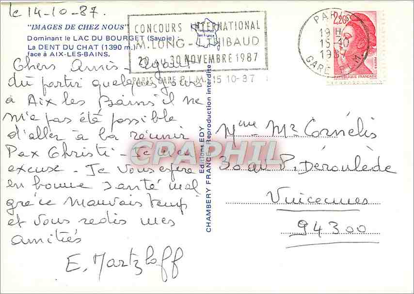 CPM Dominant le Lac du Bourget Savoie La Dent du Chat face a Aix les Bains  — Rückseite