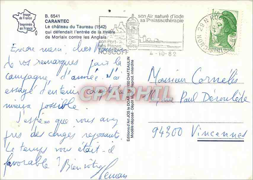 CPM Carantec Le chateau du Taureau qui defendait l'entree de la riviere de Morlaix contre les Anglai — Rückseite