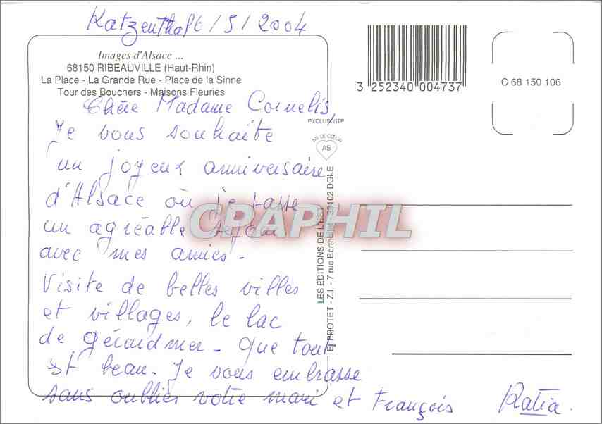 CPM Ribeauville Haut Rhin La Place La Grande Rue Place de la Sinne  — Rückseite