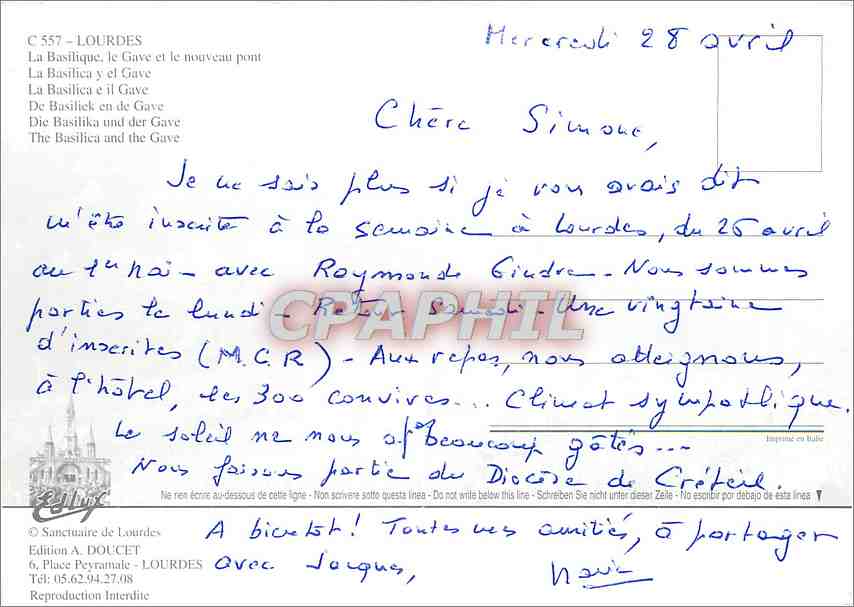 CPM Lourdes La Basilique le Gave et le nouveau pont  — Verso