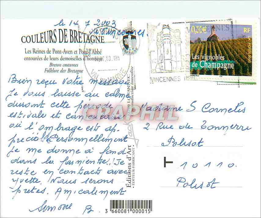 CPM Couleurs de Bretagne Les Reines de Pont Aven et Pont l'Abbe  — Rückseite