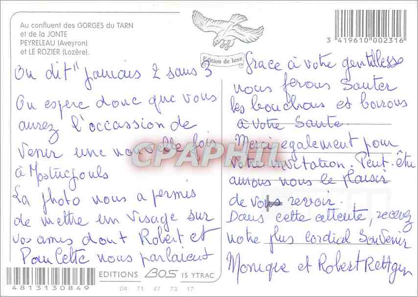 CPM Au confluent des Gorges du Tarn et de la Jonte Peyreleau Aveyron  — Verso