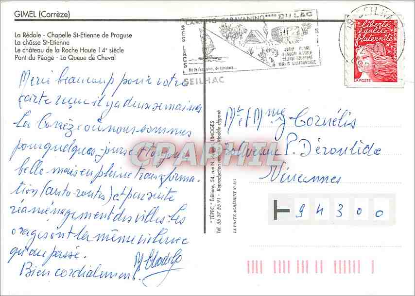 CPM Gimel Correze La Redole Chapelle St Etienne de Praguse La chase St Etienne  — Verso