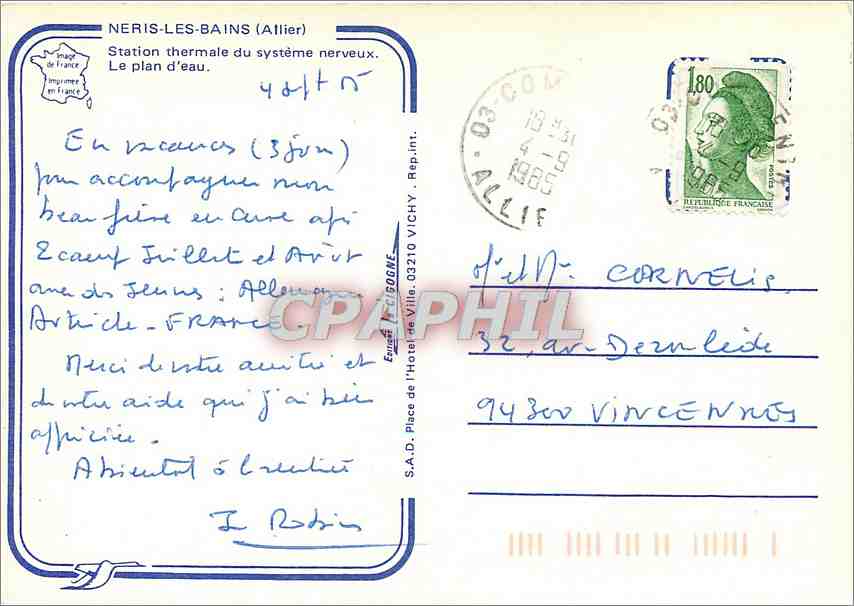 CPM Neris les Bains Station thermale du systeme nerveux Le plan d'eau  — Verso