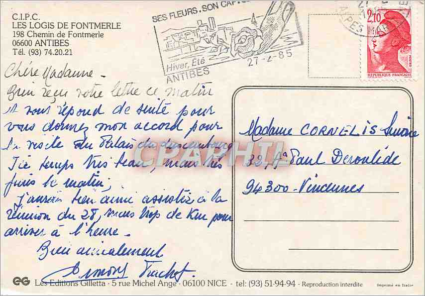 CPM CIPC Les Logis de Fontmerle Chemin de Fontmerle Antibes  — Back