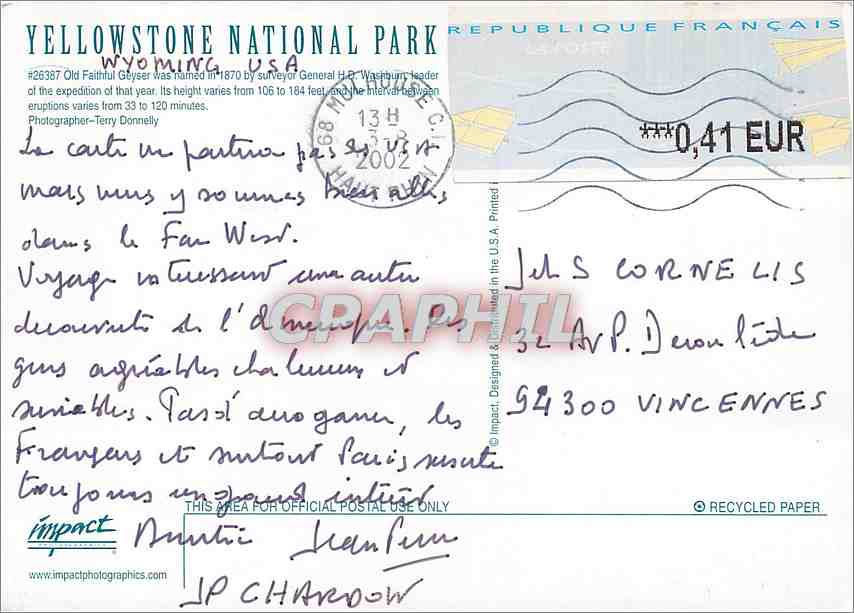 CPM Yellowstone National Park Wyoming USA  — Back