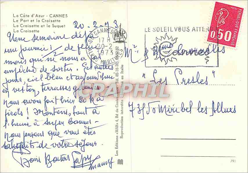 CPM La Cote d'Azur Cannes Le Port et la Croisette  — Rückseite