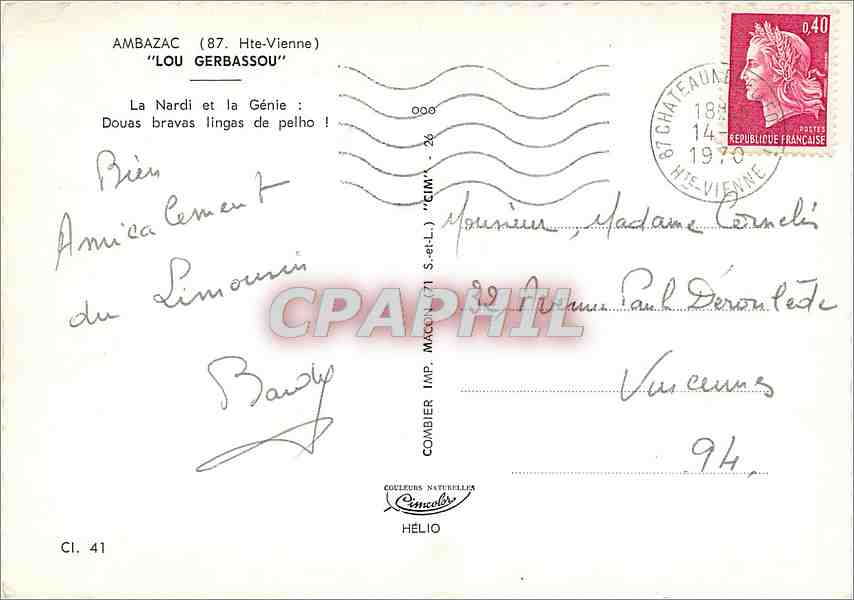CPM Ambazac Hte Vienne Lou Gerbassou La Nardi et la Genie Folklore — Rückseite
