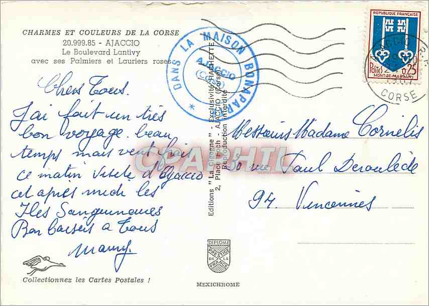 CPM Ajaccio Le Boulevard Lantivy avec ses Palmier et Lauriers roses  — Verso
