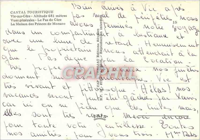 CPM Vic sur Cere Vues generales Le Pas de Cere La maison des princes de Monaco — Rückseite