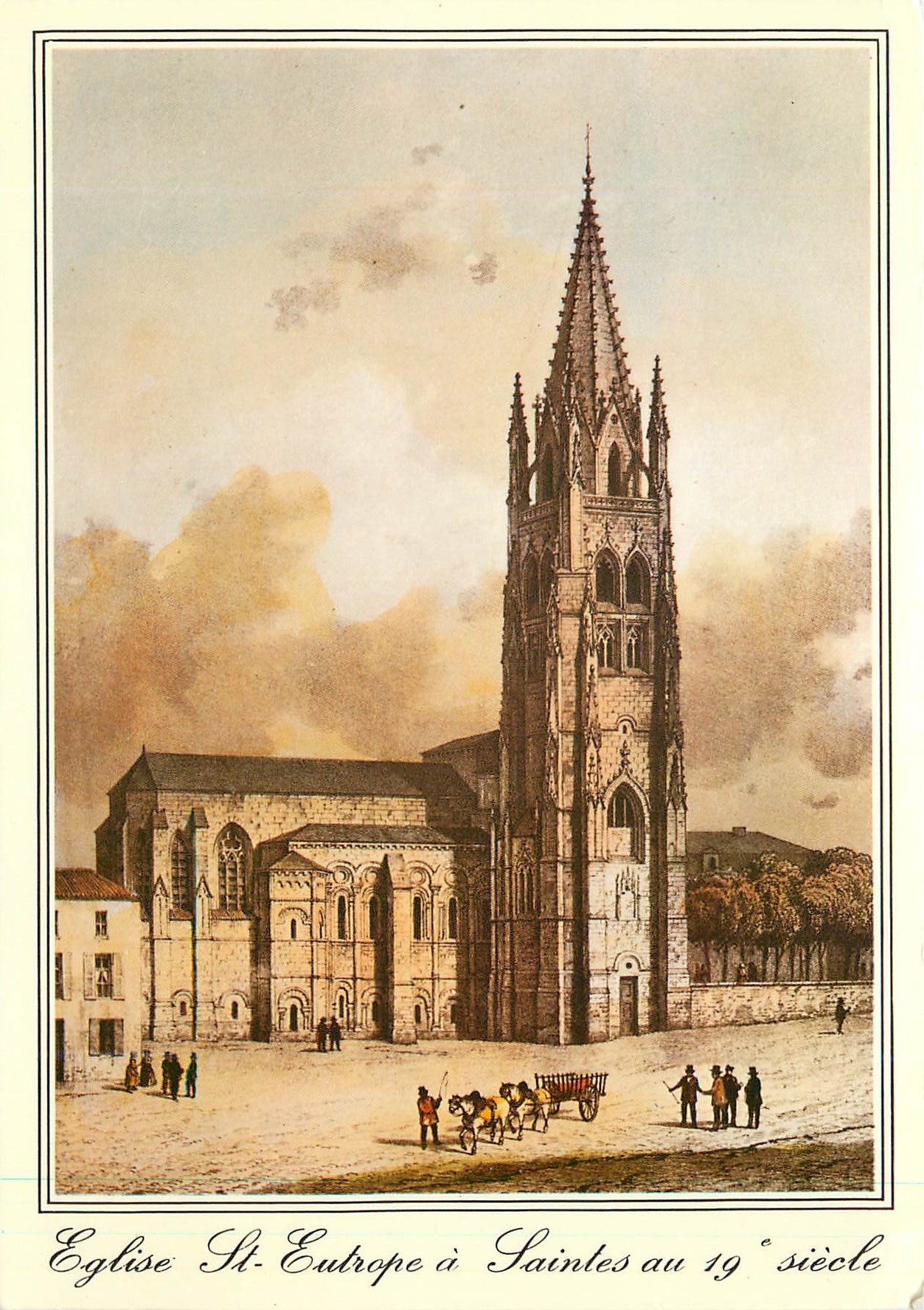 CPM Saintes Vieille Gravure de 1850 La facade et le clocher de l'Eglise de Saint Eutrope 