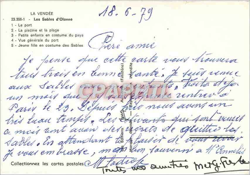 CPM Les Sables d'Olonne Le Port La piscine et la plage Petit enfants en costume du pays  — Rückseite
