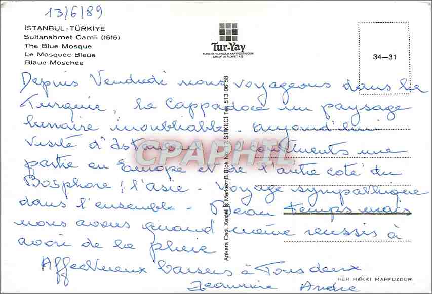 CPM Istanbul Turkiye Le Mosquee Bleue  — Verso