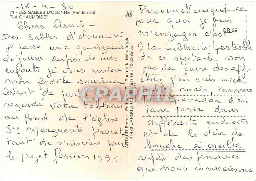 La Chaumoise — Les Sables d'Olonne — Éditeur APTA D'Féres — Verso