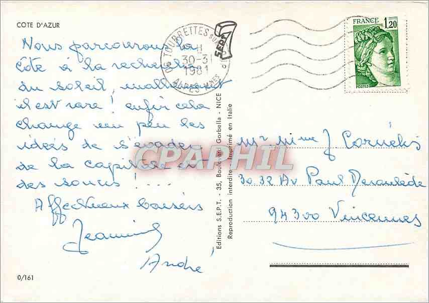 CPM Cote d'Azur Cannes Juan les Pins Menton Nice Eze Villefranche  — Verso