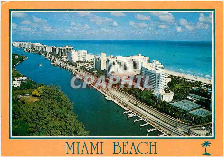 CPM Miami Beach Florida Aerial View Looking North Showig Indian Creek Fontainebleau Hilton and Atlan
