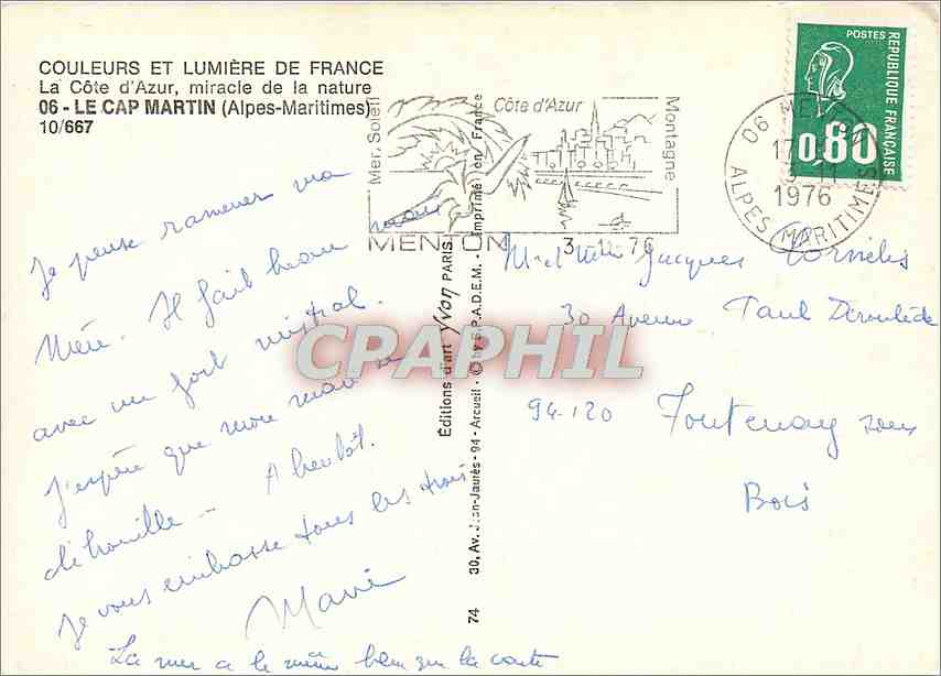 CPM La Cote d'Azur miracle de la nature Le Cap Martin Alpes Maritimes  — Verso