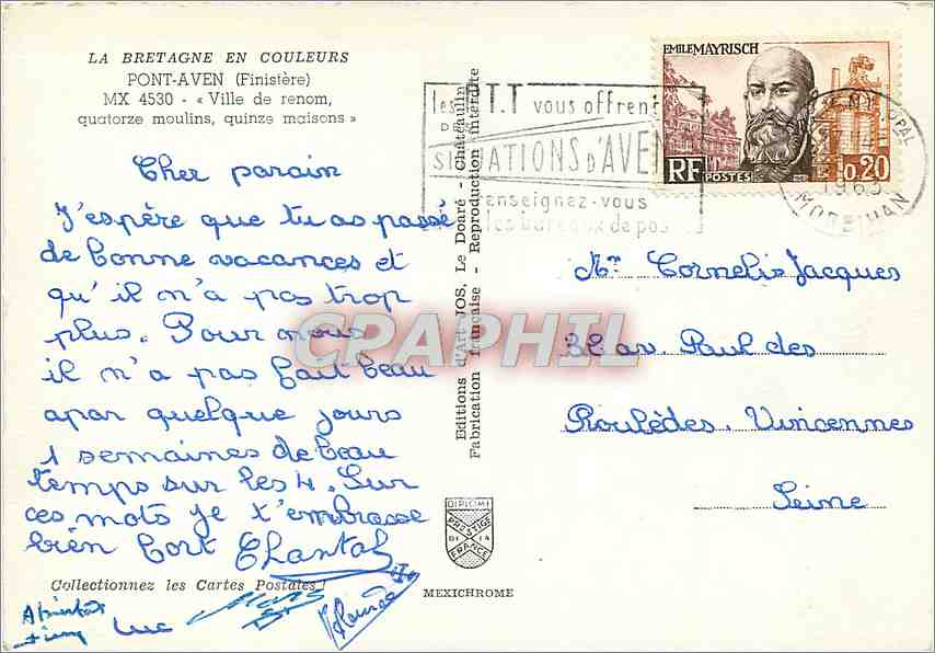 CPM Pont Aven Finistere Ville de renom quatorze moulins quinze maisons  — Rückseite