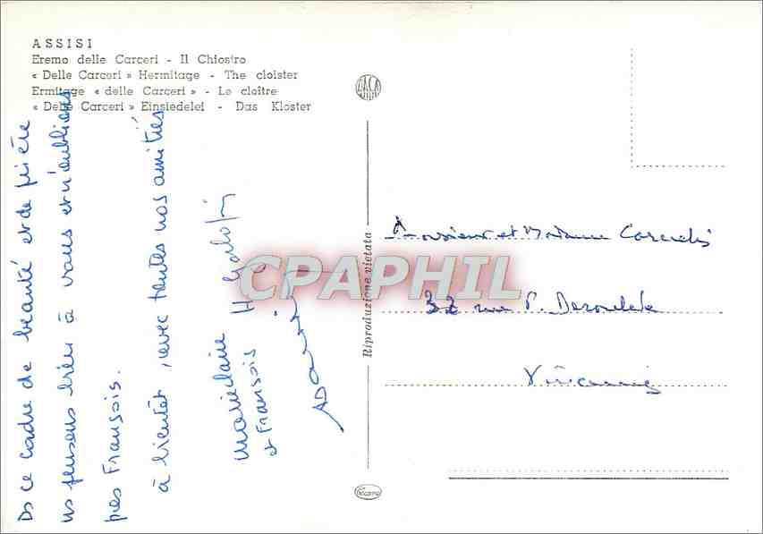 CPM Assisi Ermitage delle Carcert Le Cloitre  — Rückseite