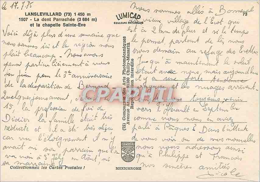 CPM Lanslevillard La dent Parrachee et la chapelle Sainte Eve  — Rückseite