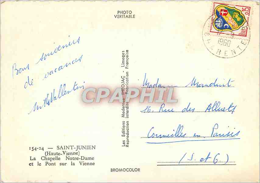 CPM Saint Junien Haute Vienne La Chapelle Notre Dame et le Pont sur la Vienne  — Back