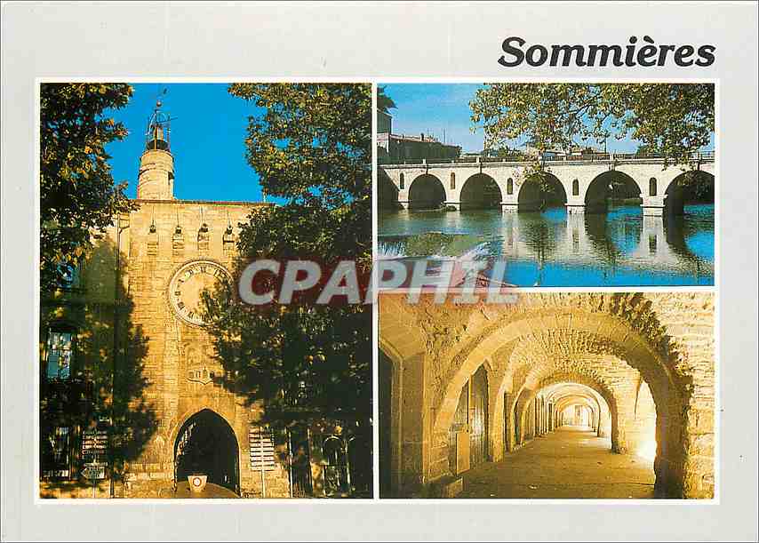 CPM Sommieres Gard L'Horloge Le pont sur le Vidourle Les arcades 
