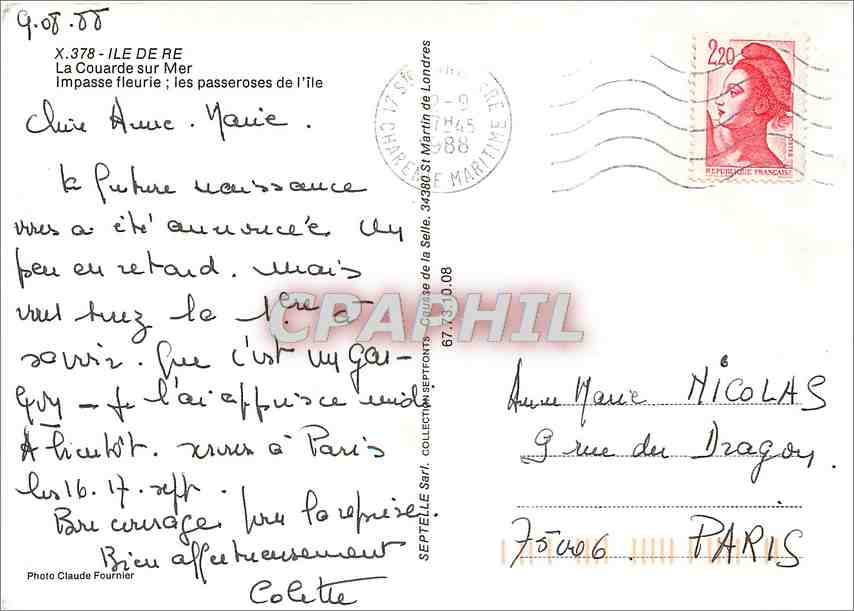 CPM Ile De Re La Courarde sur Mer Impasse fleurie les passeroses de l'ile  — Verso