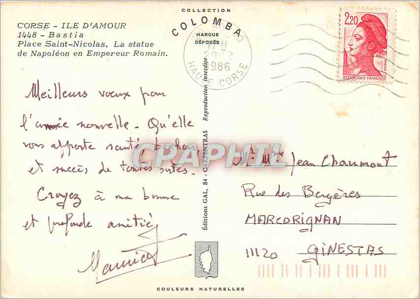 CPM Corse Ile d'Amour Bastia Place Saint Nicolas La Statue de Napoleon en Empereur Romain  — Back