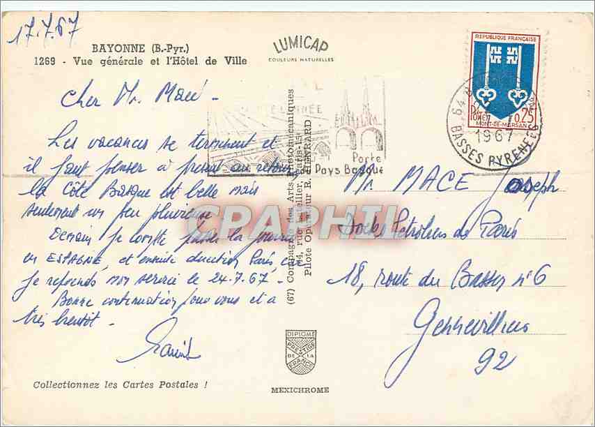 CPM Bayonne Vue generale et l'Hotel de Ville  — Verso