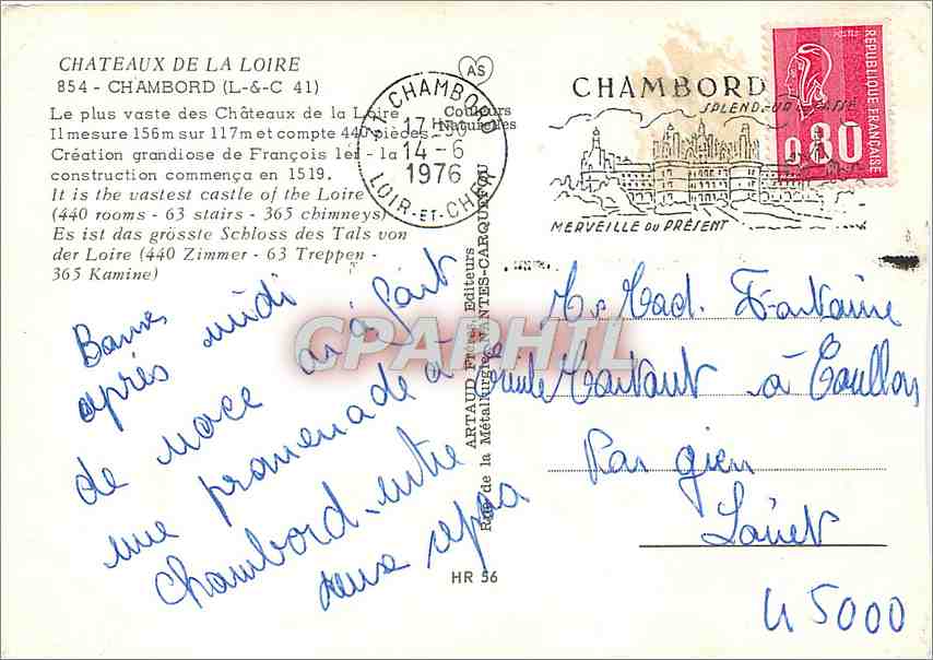 CPM Chateaux de la Loire Chambord L et C Le plus vaste des Chateaux de la Loire  — Rückseite