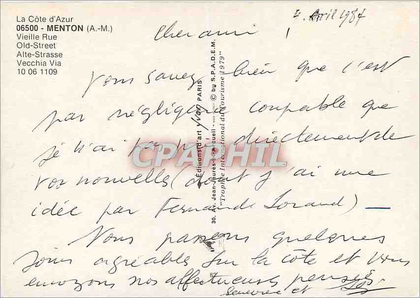 CPM La Cote d'Azur Menton AM Vieille Rue  — Rückseite