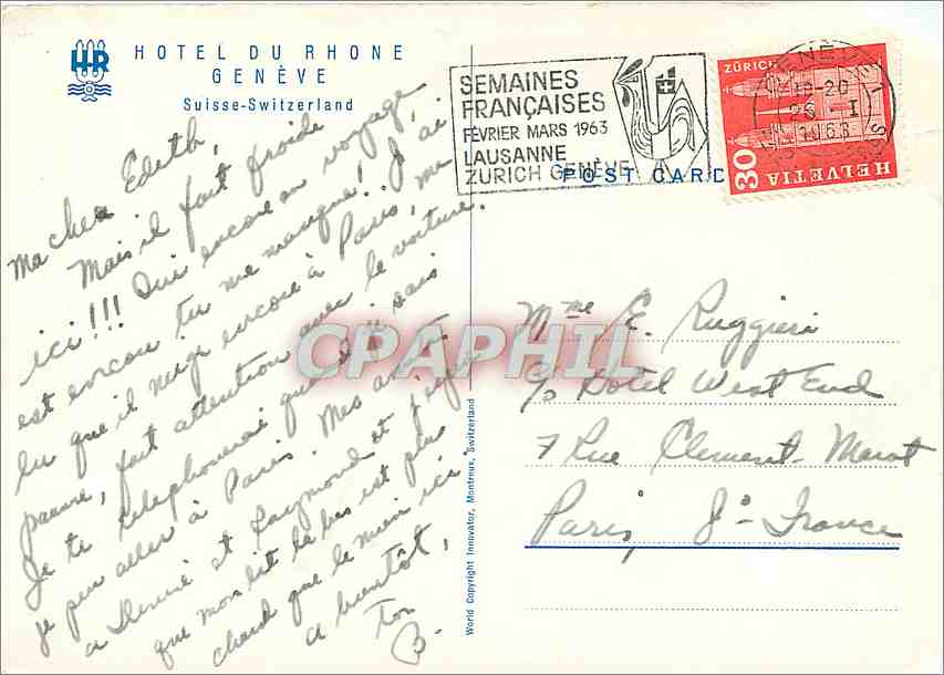 CPM Switzerland Hotel du Rhone Geneve  — Verso