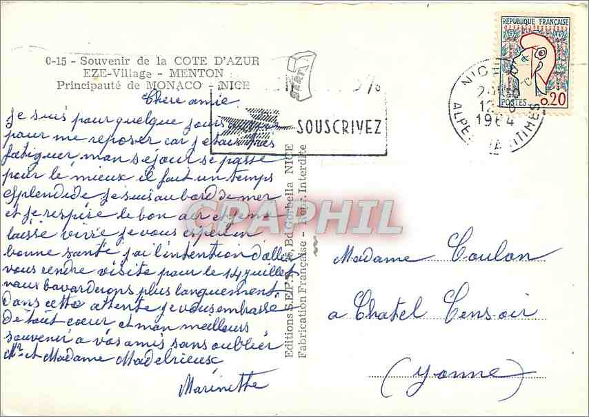 CPM Souvenir de la Cote d'Azur Menton Monaco Nice — Rückseite