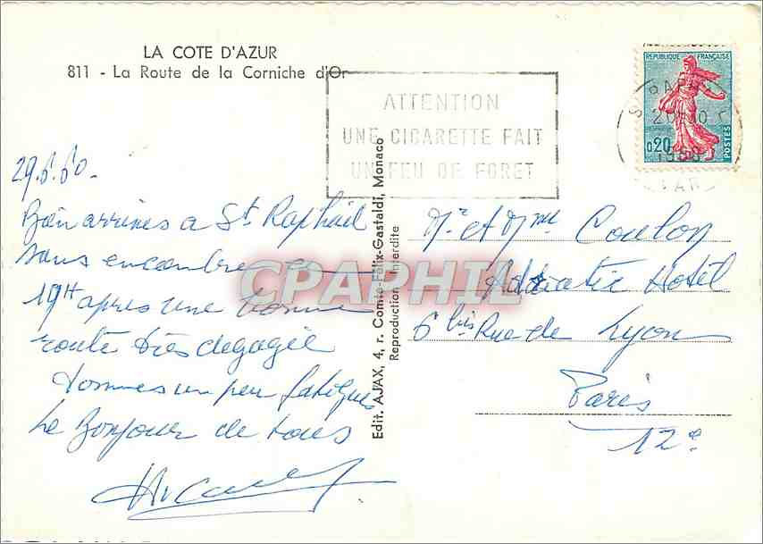 La Côte d'Azur — La Route de la Corniche d'Or — Edit. Ajax, 4, r. Comte-Blais-Cataldi, Monaco — Verso