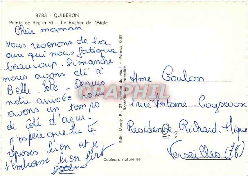 Pointe de Beg-er-Vil - Le Rocher de l'Aigle — Quiberon — Éditeur Mesny, P. 27, avenue du Mail, Rennes — Achterkant