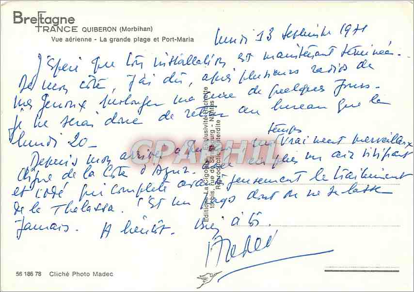 CPM Bretagne France Quiberon Morbihan Vue aerienne La grande plage et Port Maria  — Rückseite