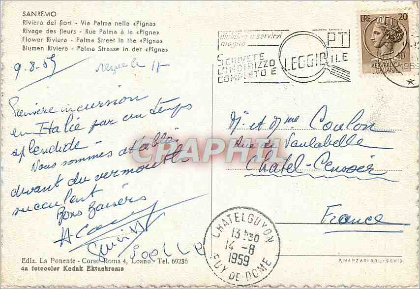 CPM Sanremo Rivage des fleurs Rue Palma e la Pigna  — Rückseite
