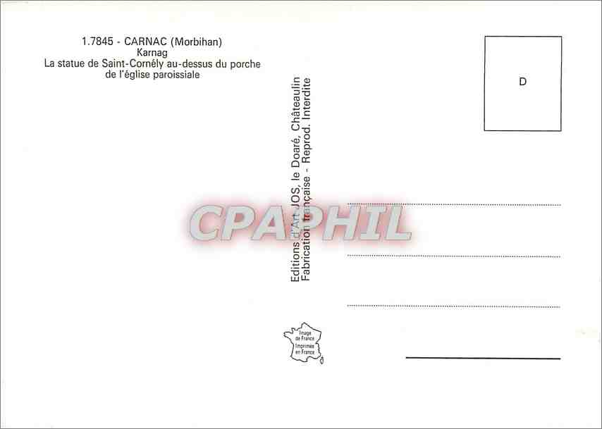 CPM Saint Cornely patron des betes a cornes Carnac Morbihan Karnag  — Back