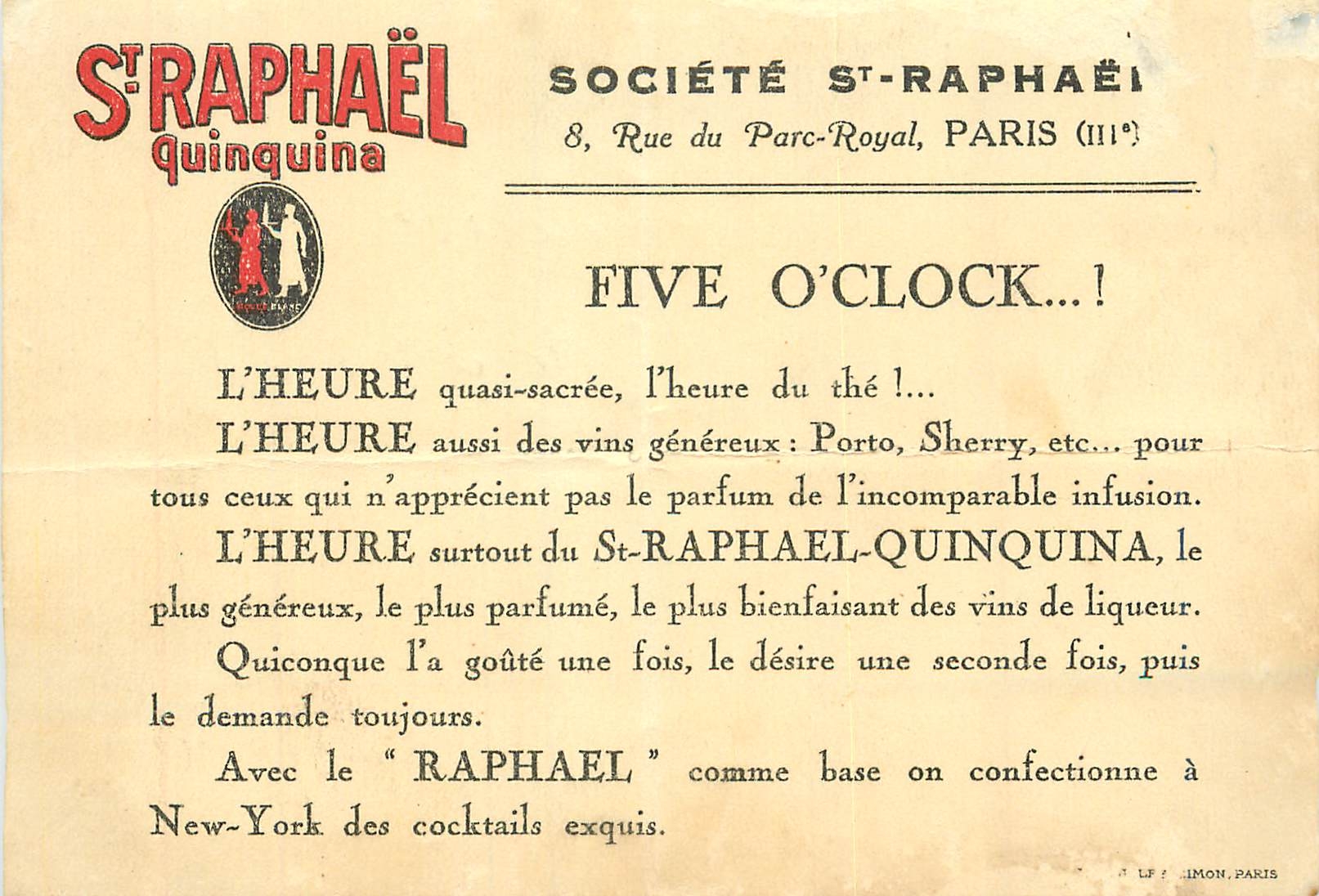 Carte publicitaire Societe St Raphael Rue du Parc Royal Paris 