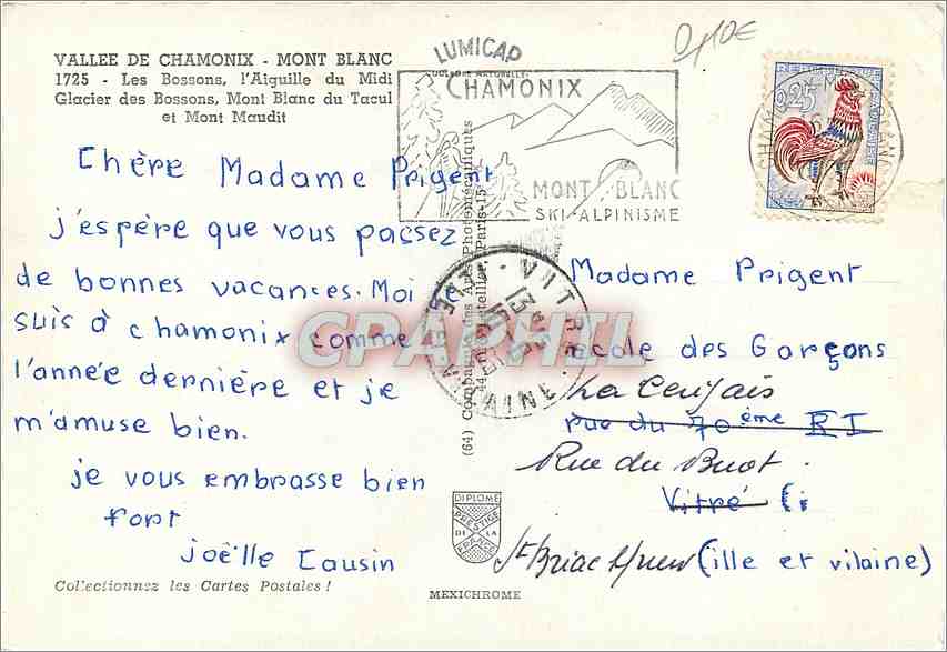 CPM Vallee de Chamonix Mont Blanc Les Bossons l'Aiguille du Midi Glacier des Bossons  — Verso