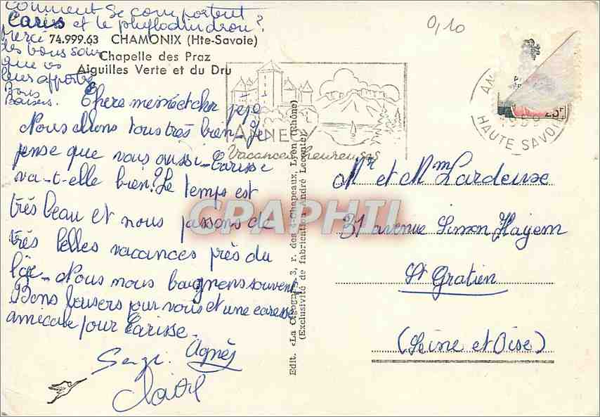 CPM Chamonix Hte Savoie Chapelle des Praz Aiguilles Verte et du Dru  — Verso