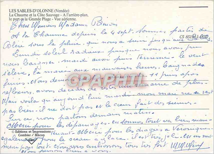 Les Sables-d'Olonne (Vendée) — La Chaume et la Côte Sauvage — Vue aérienne — Éditions Combier / Mâcon — Rückseite