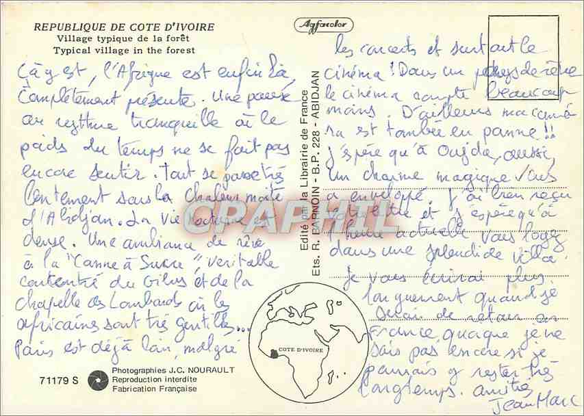 Village typique de la forêt — République de Côte d'Ivoire — Éditeur R. EARMONIN, n° 71179 S — Back