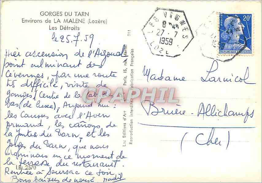 CPM Gorges du Tarn Environs de La Malene Lozere Les Detroits  — Rückseite