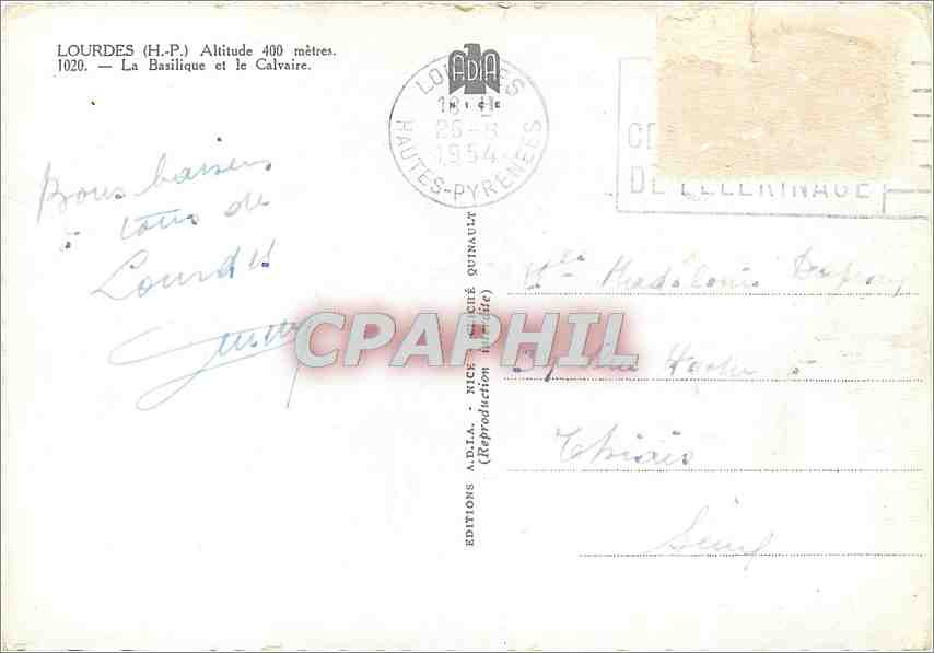 CPM Lourdes HP La Basilique et le Calvaire  — Verso