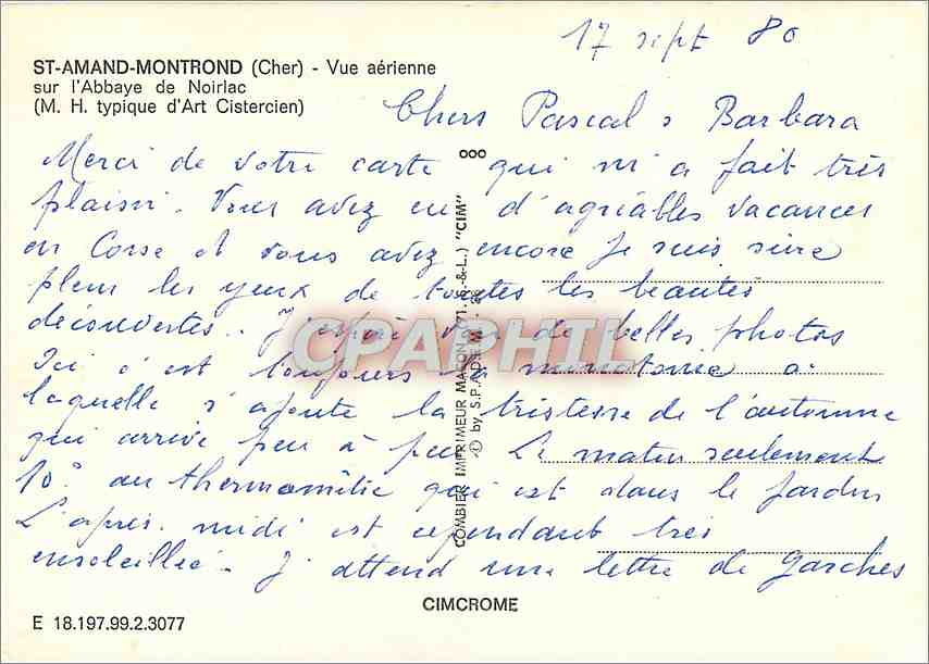 CPM St Amand Montrond Cher Vue aerienne sur l'Abbaye de Noirlac  — Verso